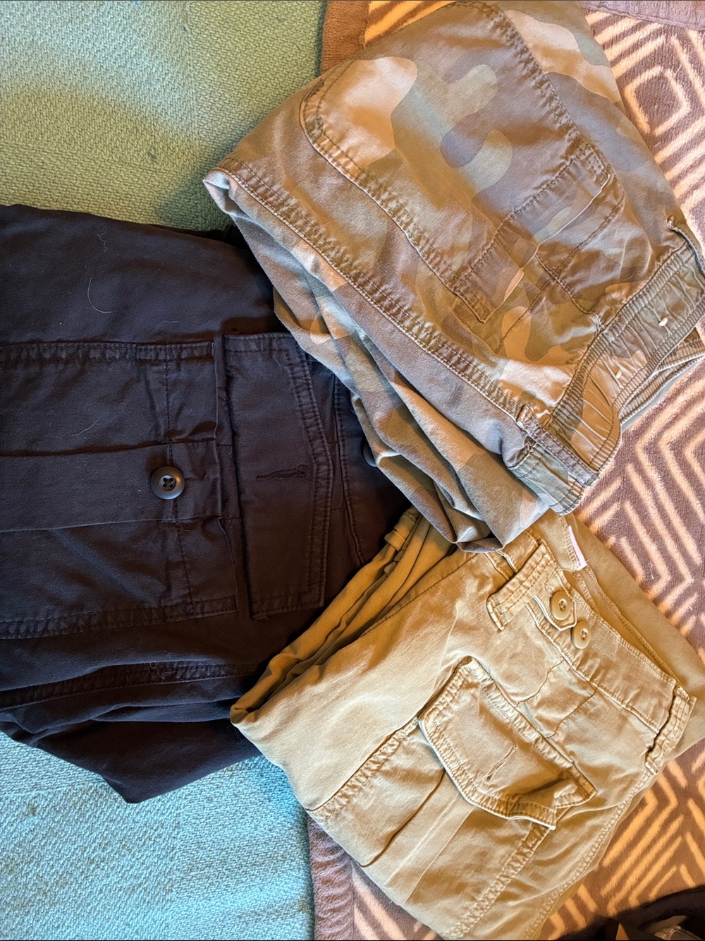 American Eagle Outfitters Cargo & Twill Trousers in Black, Olive Camo, and Khaki